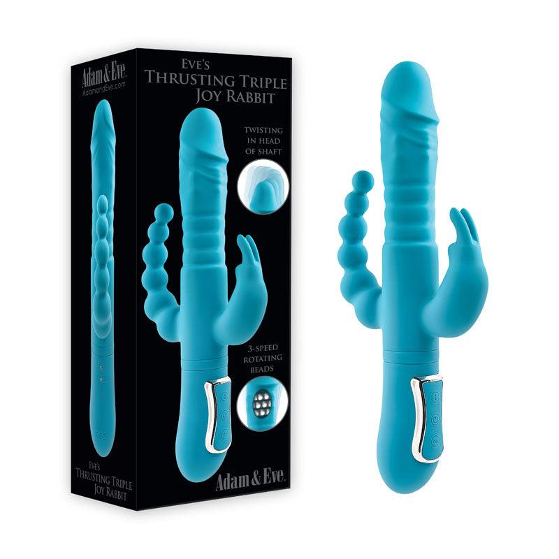 Adam & Eve EVES THRUSTING TRIPLE JOY RABBIT - Teal 25 cm USB Rechargeable Thrusting Rabbit Vibe with Anal Tickler - AE-BL-0068-2