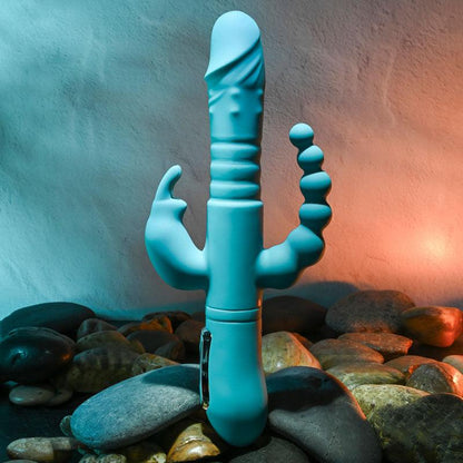 Adam & Eve EVES THRUSTING TRIPLE JOY RABBIT - Teal 25 cm USB Rechargeable Thrusting Rabbit Vibe with Anal Tickler - AE-BL-0068-2