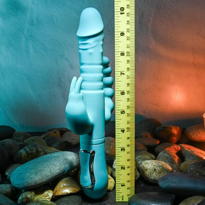 Adam & Eve EVES THRUSTING TRIPLE JOY RABBIT - Teal 25 cm USB Rechargeable Thrusting Rabbit Vibe with Anal Tickler - AE-BL-0068-2