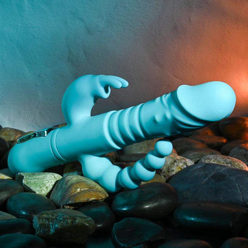 Adam & Eve EVES THRUSTING TRIPLE JOY RABBIT - Teal 25 cm USB Rechargeable Thrusting Rabbit Vibe with Anal Tickler - AE-BL-0068-2