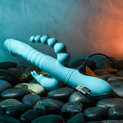 Adam & Eve EVES THRUSTING TRIPLE JOY RABBIT - Teal 25 cm USB Rechargeable Thrusting Rabbit Vibe with Anal Tickler - AE-BL-0068-2