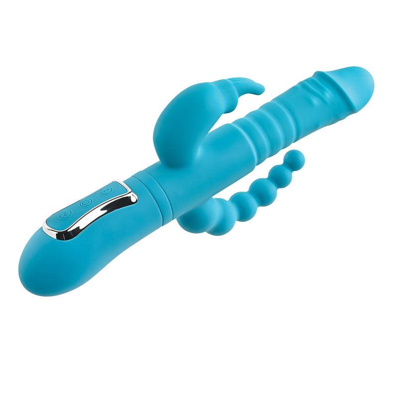 Adam & Eve EVES THRUSTING TRIPLE JOY RABBIT - Teal 25 cm USB Rechargeable Thrusting Rabbit Vibe with Anal Tickler - AE-BL-0068-2