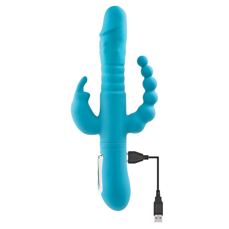 Adam & Eve EVES THRUSTING TRIPLE JOY RABBIT - Teal 25 cm USB Rechargeable Thrusting Rabbit Vibe with Anal Tickler - AE-BL-0068-2