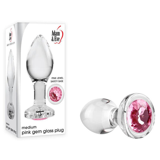 Adam & Eve PINK GEM GLASS PLUG MEDIUM - Clear Glass 8.7 cm Butt Plug with Pink Gem Base - AE-WF-1140-2