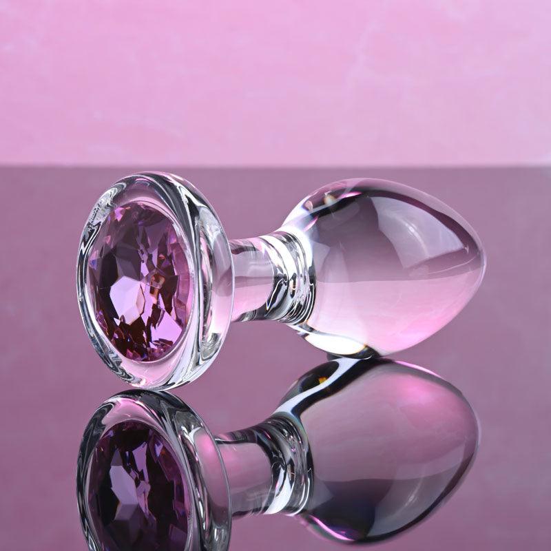 Adam & Eve PINK GEM GLASS PLUG MEDIUM - Clear Glass 8.7 cm Butt Plug with Pink Gem Base - AE-WF-1140-2