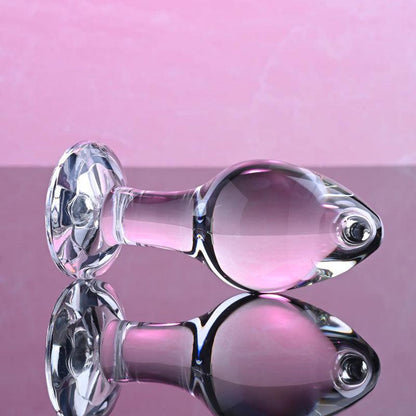 Adam & Eve PINK GEM GLASS PLUG MEDIUM - Clear Glass 8.7 cm Butt Plug with Pink Gem Base - AE-WF-1140-2