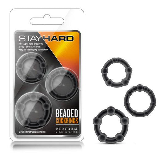 Stay Hard Beaded Cockrings - Black Cock Rings - Set of 3 Sizes - BL-00015