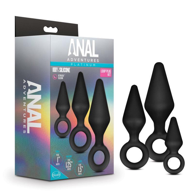 Anal Adventures Platinum Loop Plug Kit - Black Butt Plugs - Set of 3 Sizes - BL-310175