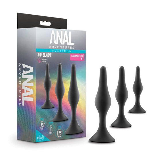 Anal Adventures Platinum Silicone Beginner Plug Kit - Black Butt Plug Kit - Set of 3 Sizes - BL-31265