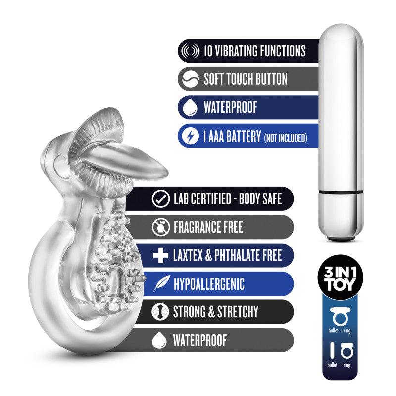 Stay Hard 10-Function Vibrating Tongue Ring - Clear Vibrating Cock & Ball Ring - BL-66912