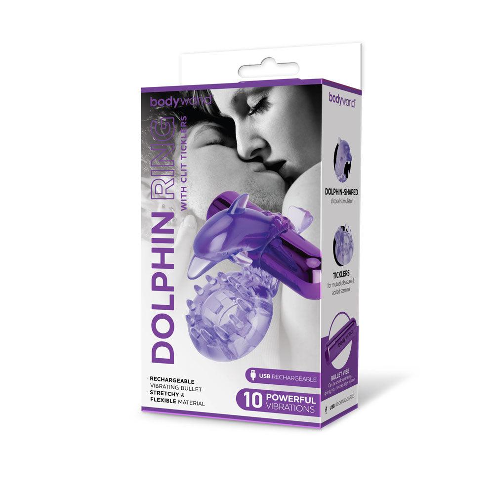 Bodywand Rechargeable Dolphin Ring with Clit Ticklers - Purple USB Rechargeable Vibrating Cock Ring - BW1501