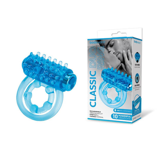 Bodywand Rechargeable Classic Duo Ring - Blue USB Rechargeable Vibrating Cock Ring - BW1504