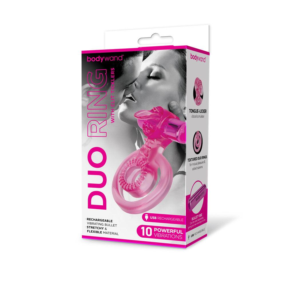 Bodywand Rechargeable Duo Ring with Clit Tickler - Pink USB Rechargeable Vibrating Cock Ring - BW1508