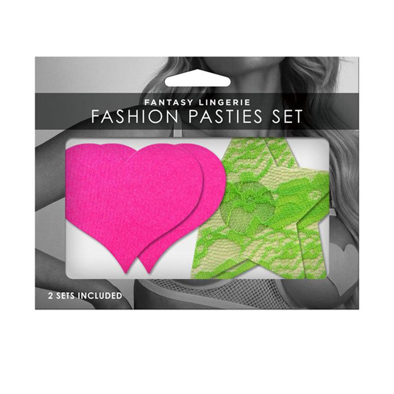 GLOW Fashion Pasties Set - Neon Green & Solid Pink - 2 Sets Included - FLA102-OS-B