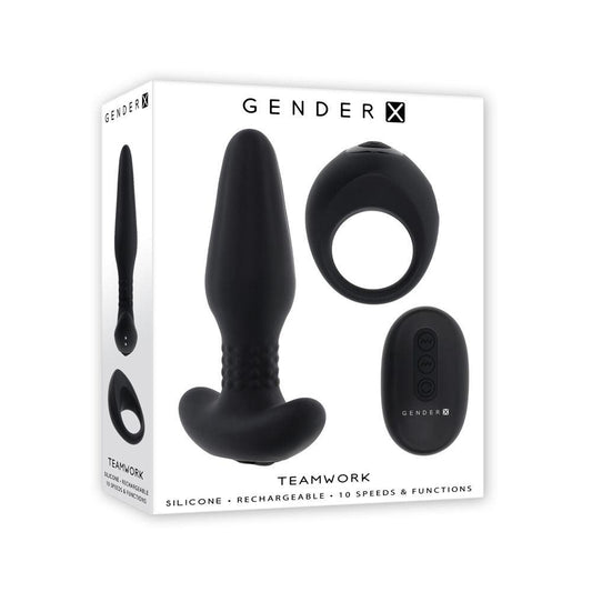 Gender X TEAMWORK - Black USB Rechargeable Rimming Butt Plug & Vibrating Cock Ring - GX-RS-4998-2