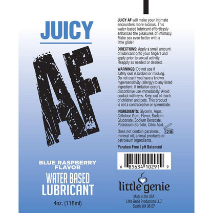 Juicy AF - Blue Raspberry - Blue Raspberry Flavoured Water Based Lubricant - 120 ml Tube - LGBT.621