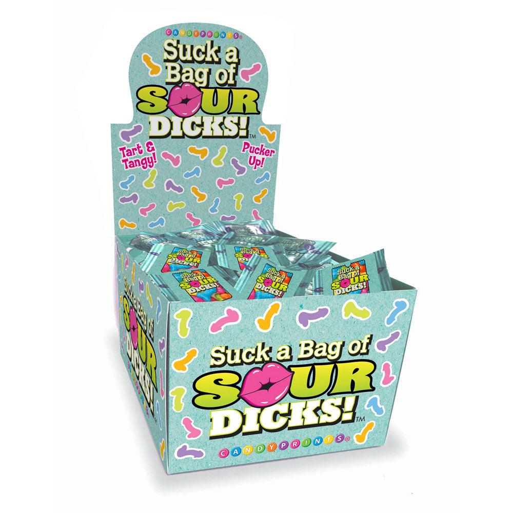 Suck A Bag Of Sour Dicks Counter Display - Sour Fruit Flavoured Lollies - Counter Display of 100 Party Packs - LGCP.1116