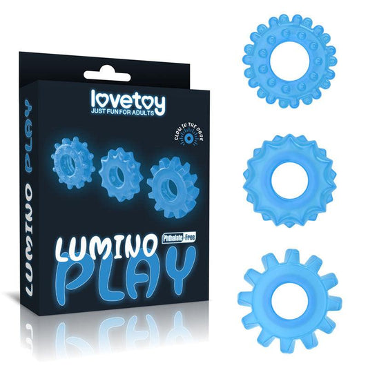 Lumino Play Penis Rings 3 Pack - Glow in the Dark Blue Cock Rings - Set of 3 - LV343010