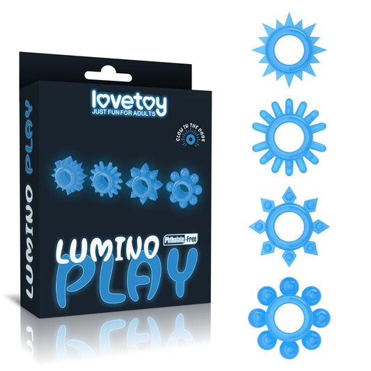 Lumino Play Penis Rings 4 Pack - Glow in the Dark Blue Cock Rings - Set of 4 - LV343011