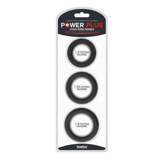 Power Plus Soft Silicone Snug Ring - Black Cock Rings - Set of 3 Sizes - LV443001B