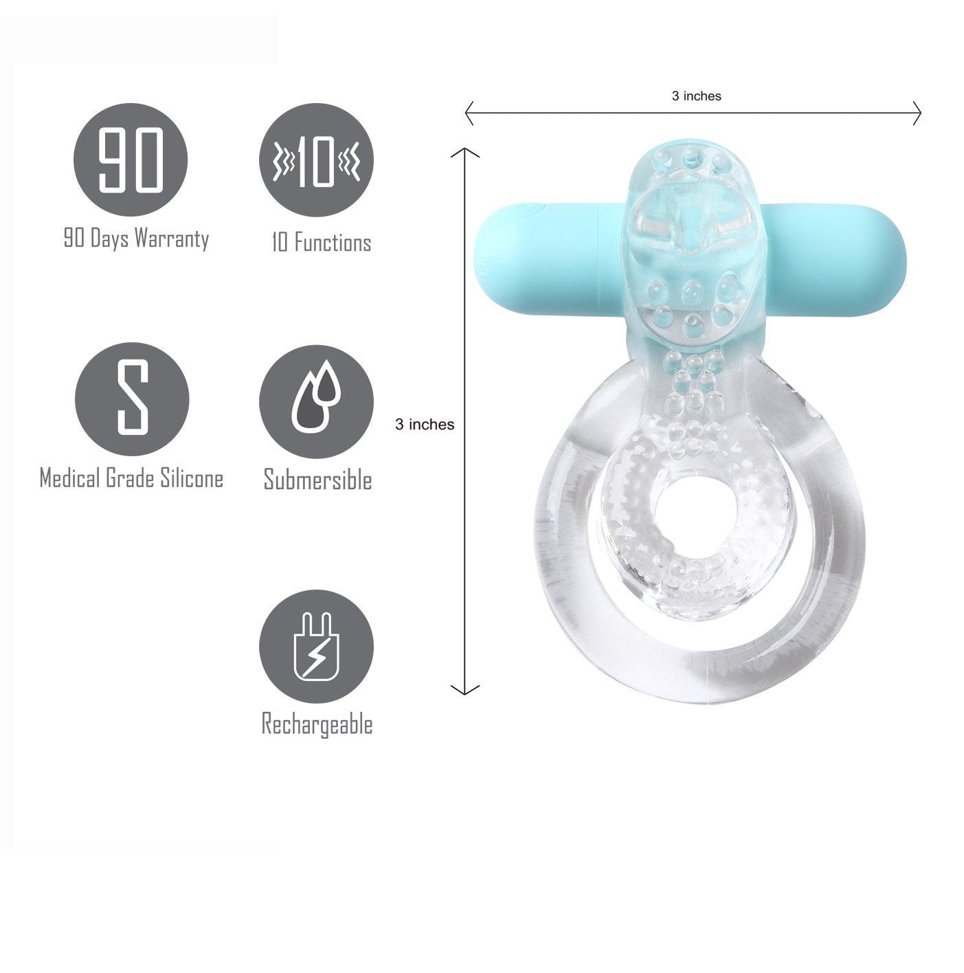 Maia Jayden - Clear/Blue USB Rechargeable Vibrating Cock & Ball Rings - MA1720-CLR