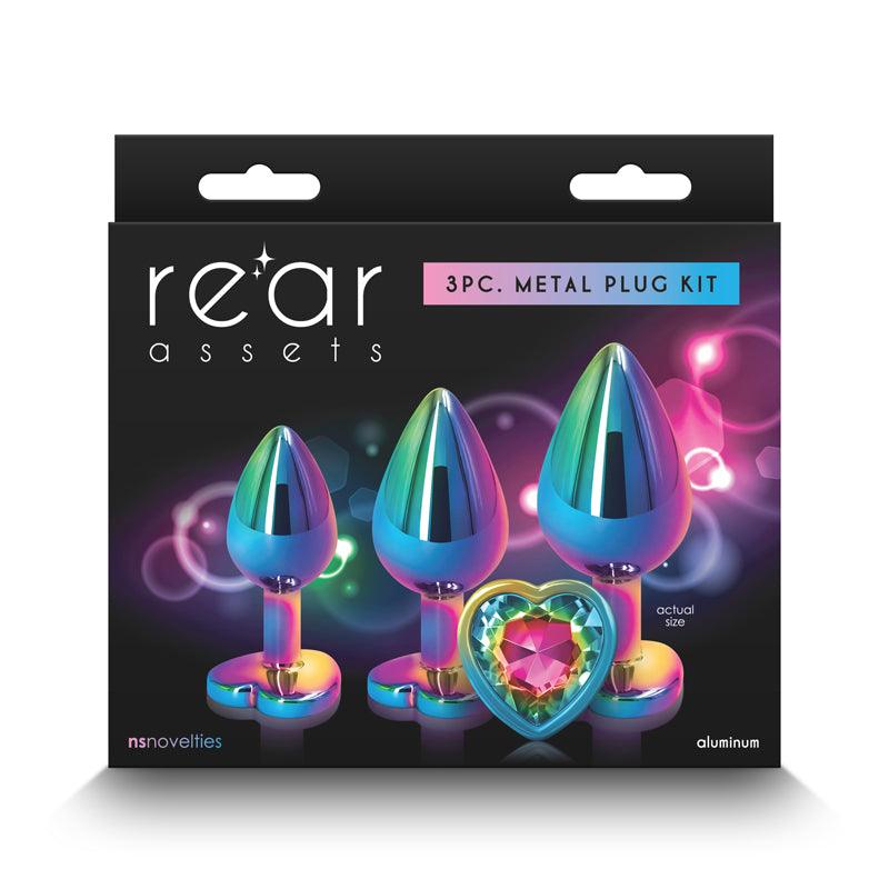 Rear Assets Trainer Kit - Multicolour - Rainbow Heart - Multi Coloured Metallic Butt Plugs with Rainbow Hearts - Set of 3 Sizes - NSN-0960-02