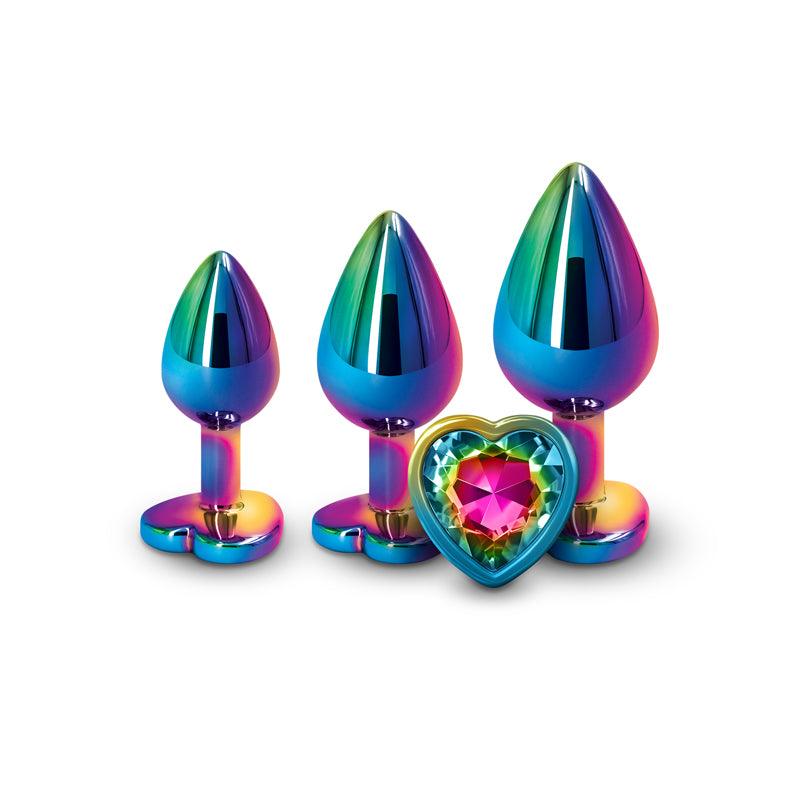 Rear Assets Trainer Kit - Multicolour - Rainbow Heart - Multi Coloured Metallic Butt Plugs with Rainbow Hearts - Set of 3 Sizes - NSN-0960-02