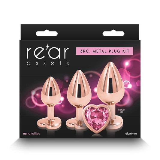 Rear Assets Trainer Kit - Rose Gold - Pink Heart - Rose Gold Metallic Butt Plugs with Pink Hearts - Set of 3 Sizes - NSN-0960-04