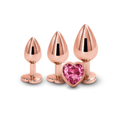 Rear Assets Trainer Kit - Rose Gold - Pink Heart - Rose Gold Metallic Butt Plugs with Pink Hearts - Set of 3 Sizes - NSN-0960-04