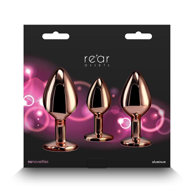 Rear Assets Trainer Kit - Rose Gold - Pink Heart - Rose Gold Metallic Butt Plugs with Pink Hearts - Set of 3 Sizes - NSN-0960-04