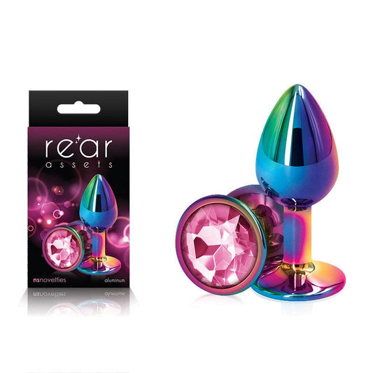 Rear Assets Multi Coloured Small - Multi Coloured Small Metal Butt Plug with Pink Gem Base - NSN-0960-14