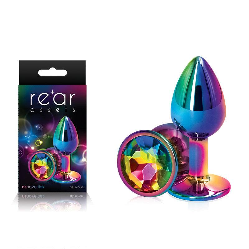 Rear Assets Multi Coloured Small - Multi Coloured Small Metal Butt Plug with Rainbow Gem Base - NSN-0960-19