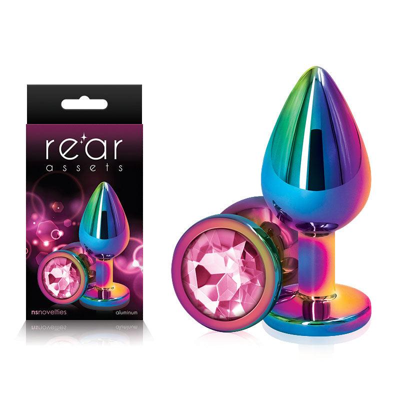 Rear Assets Multi Coloured Medium - Multi Coloured Medium Metal Butt Plug with Pink Gem Base - NSN-0960-24