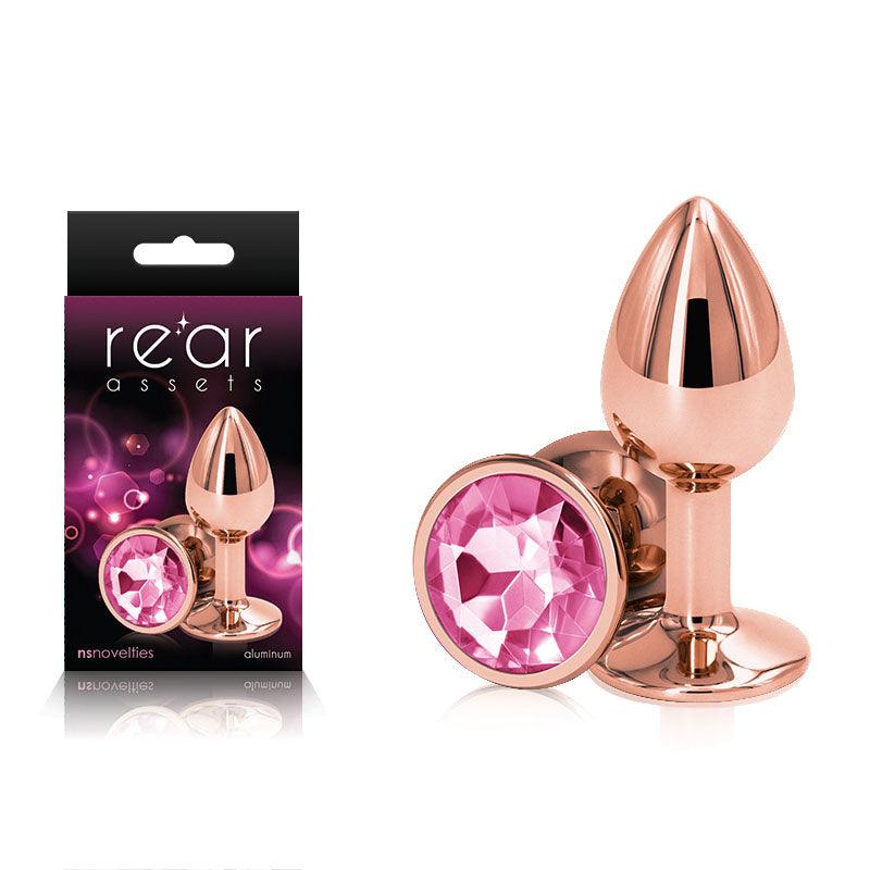 Rear Assets Rose Gold Small - Rose Gold Small Metal Butt Plug with Pink Gem Base - NSN-0961-14