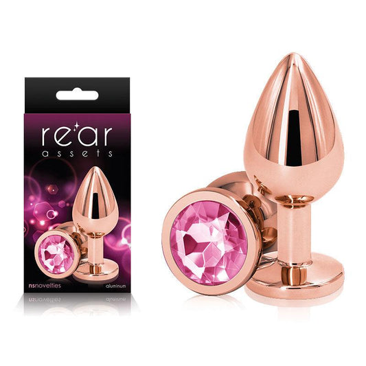 Rear Assets Rose Gold Medium - Rose Gold Medium Metal Butt Plug with Pink Gem Base - NSN-0961-24