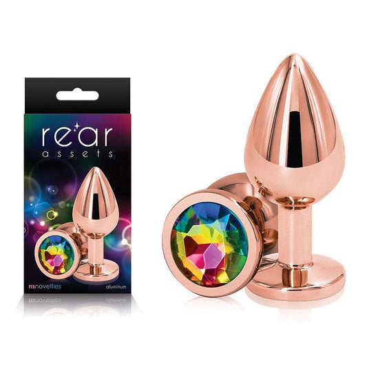 Rear Assets Rose Gold Medium - Rose Gold Medium Metal Butt Plug with Rainbow Gem Base - NSN-0961-29