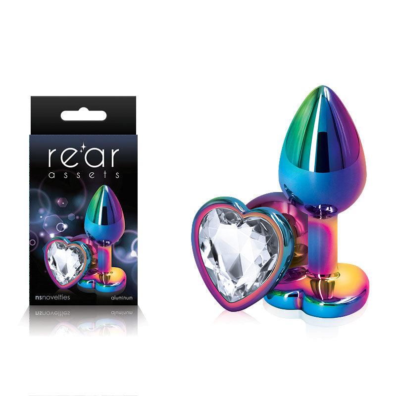 Rear Assets Multi Coloured Heart - Multi Coloured Small Metal Butt Plug with Clear Heart Gem Base - NSN-0962-11