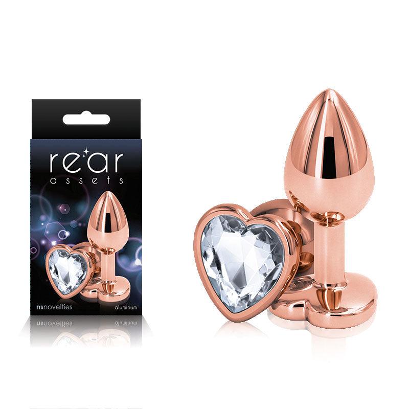 Rear Assets Rose Gold Heart Small - Rose Gold Small Metal Butt Plug with Clear Heart Gem Base - NSN-0963-11