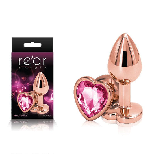 Rear Assets Rose Gold Heart Small - Rose Gold Small Metal Butt Plug with Pink Heart Gem Base - NSN-0963-14