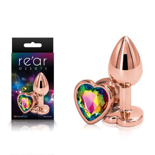 Rear Assets Rose Gold Heart Small - Rose Gold Small Metal Butt Plug with Rainbow Heart Gem Base - NSN-0963-19