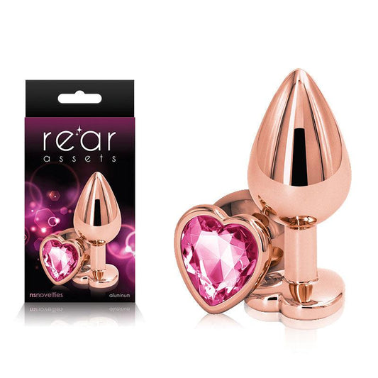 Rear Assets Rose Gold Heart Medium - Rose Gold Medium Metal Butt Plug with Pink Heart Gem Base - NSN-0963-24