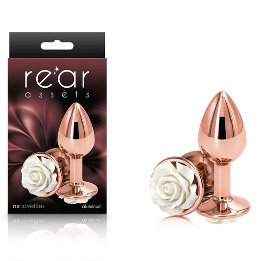 Rear Assets Rose - Small - Rose Gold 7.6 cm Metal Butt Plug with White Rose Base - NSN-0965-11