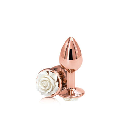 Rear Assets Rose - Small - Rose Gold 7.6 cm Metal Butt Plug with White Rose Base - NSN-0965-11