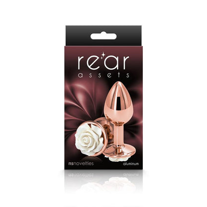 Rear Assets Rose - Small - Rose Gold 7.6 cm Metal Butt Plug with White Rose Base - NSN-0965-11