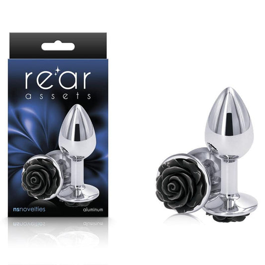 Rear Assets Rose - Small - Chrome 7.6 cm Metal Butt Plug with Black Rose Base - NSN-0965-13