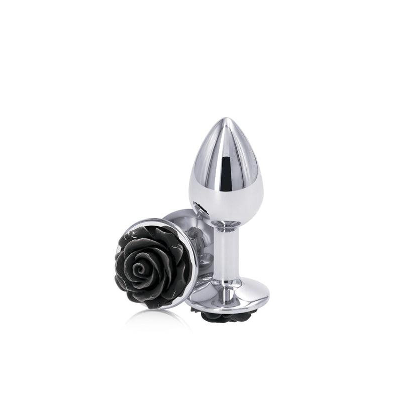 Rear Assets Rose - Small - Chrome 7.6 cm Metal Butt Plug with Black Rose Base - NSN-0965-13