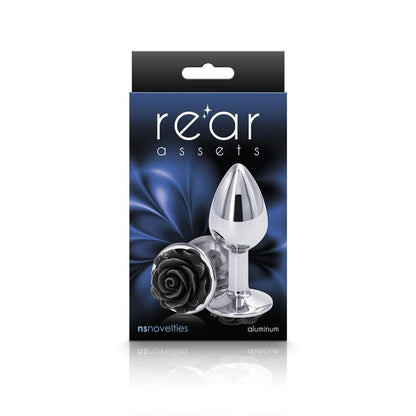 Rear Assets Rose - Small - Chrome 7.6 cm Metal Butt Plug with Black Rose Base - NSN-0965-13