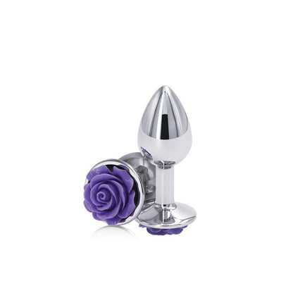 Rear Assets Rose - Small - Chrome 7.6 cm Metal Butt Plug with Purple Rose Base - NSN-0965-15