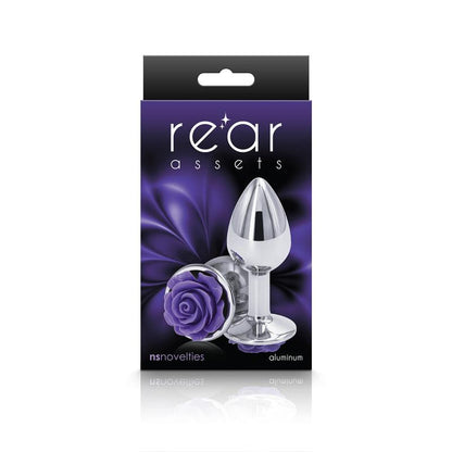 Rear Assets Rose - Small - Chrome 7.6 cm Metal Butt Plug with Purple Rose Base - NSN-0965-15