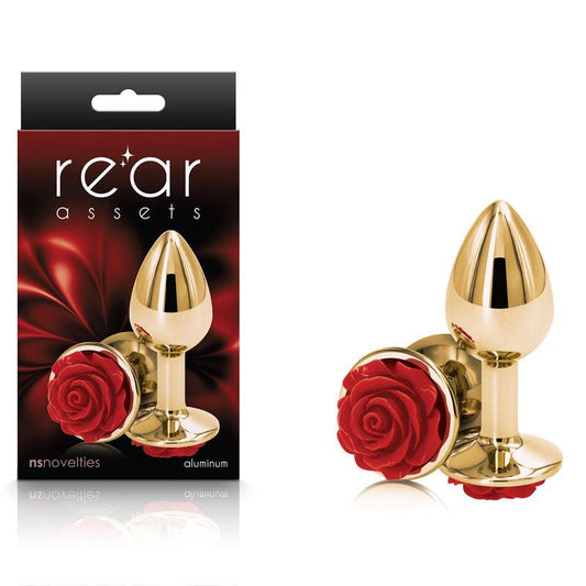 Rear Assets Rose - Small - Gold 7.6 cm Metal Butt Plug with Red Rose Base - NSN-0965-16